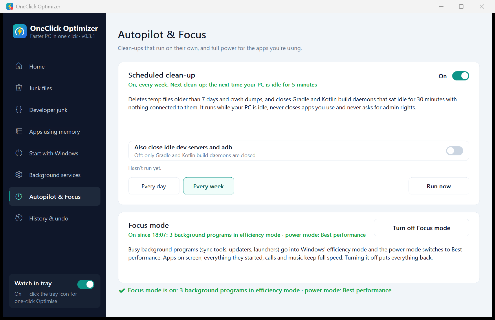 The Autopilot and Focus page with a weekly clean-up switched on and Focus mode on.