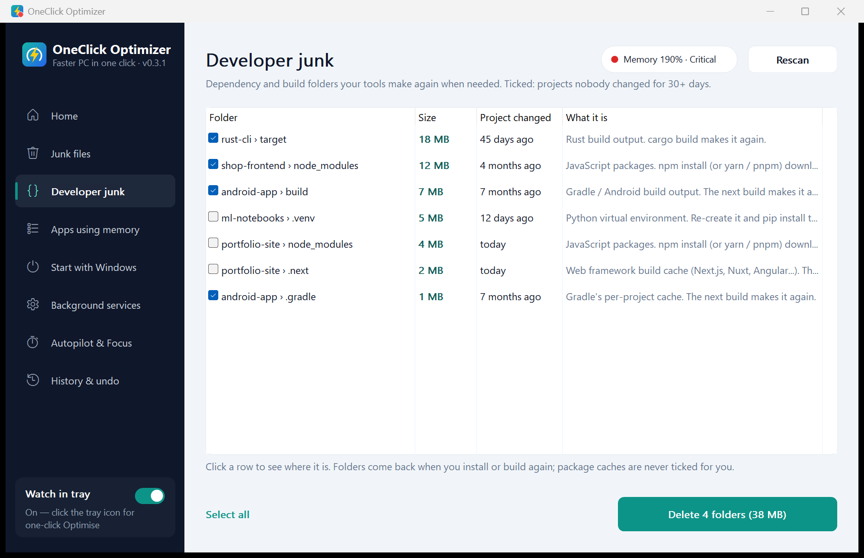 The Developer junk page listing node_modules, Rust target, Gradle build and Python .venv folders with their size and when each project last changed.