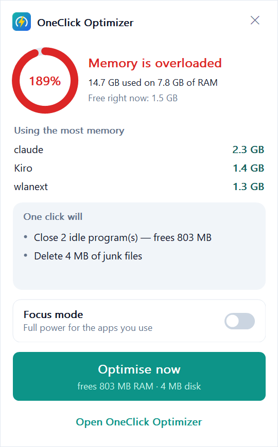 The tray panel showing memory at 190 percent of RAM, the three apps using the most memory, a Focus mode switch and an Optimise now button.